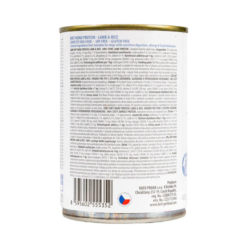Влажный беззерновой корм Brit Care Mono Protein для собак всех пород, с ягнятиной и рисом, 400 г