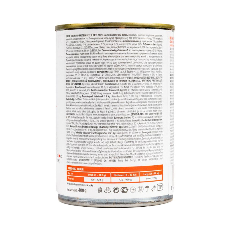 Вологий беззерновий корм Brit Care Mono Protein для собак всіх порід, з яловичиною та рисом, 400 г