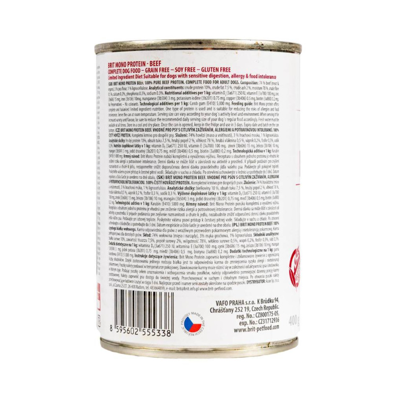 Влажный беззерновой корм Brit Care Mono Protein для собак всех пород, с говядиной, 400 г