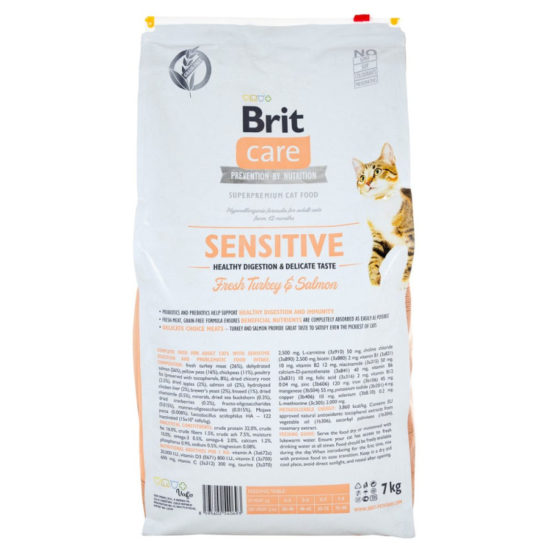 Сухой беззерновой корм Brit Care Sensitive Healthy Digestion & Delicate Taste для кошек - с чувствительным пищеварением, с индейкой и лосем, 7 кг