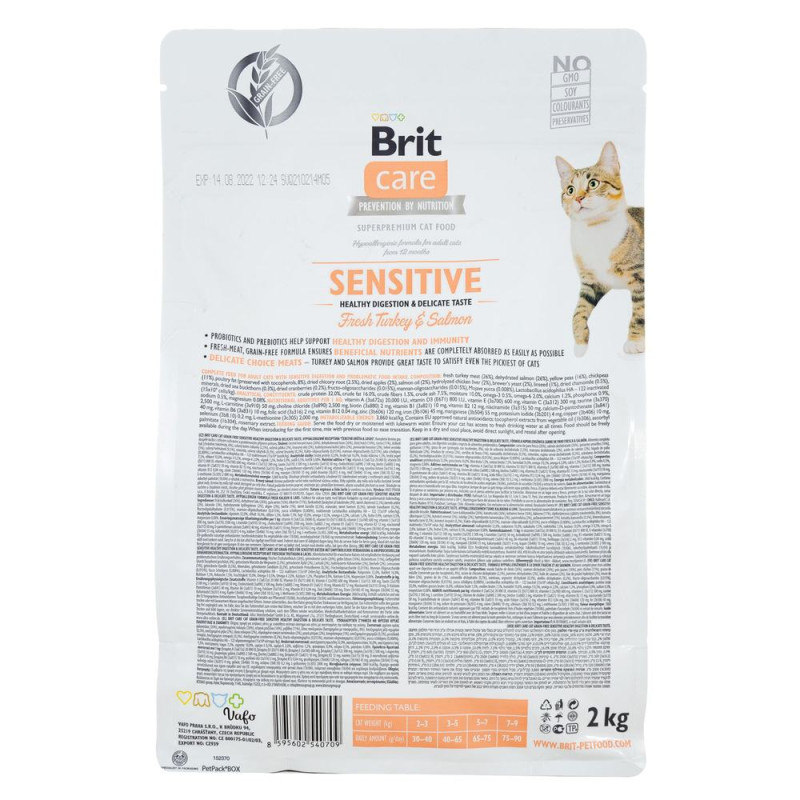 Сухой беззерновой корм Brit Care Sensitive Healthy Digestion & Delicate Taste для кошек – с чувствительным пищеварением, с индейкой и лосем, 2 кг
