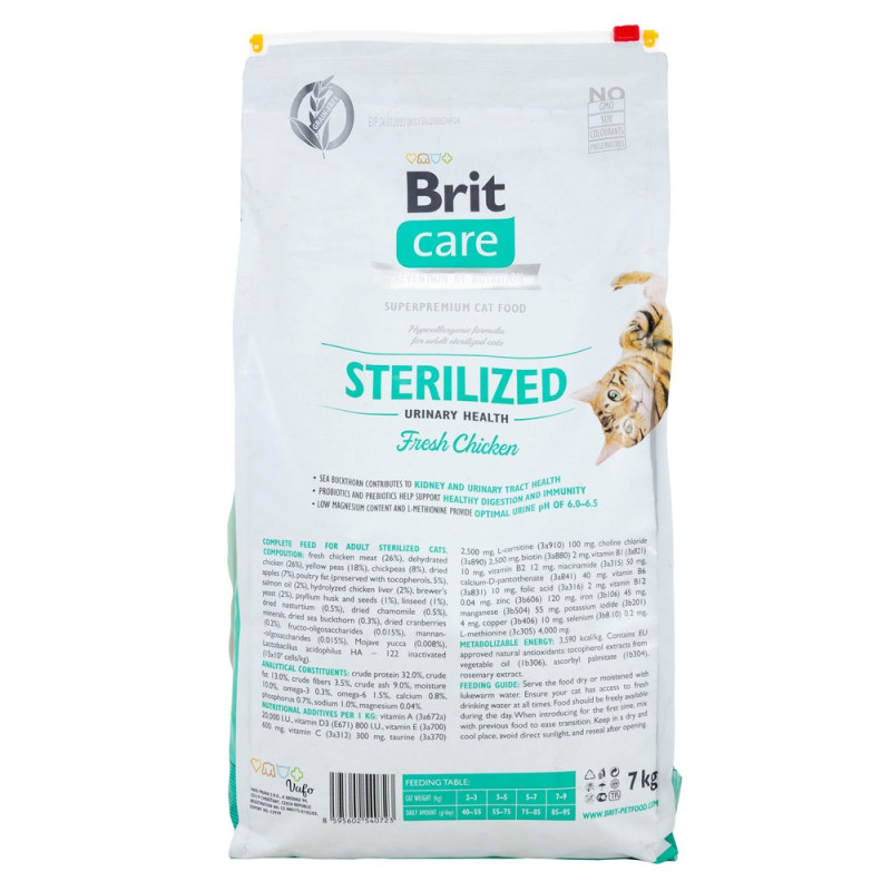 Сухой беззерновой корм Brit Care Urinary Health для кошек стерилизованных - поддержка мочевыводящих путей, с курицей, 7 кг