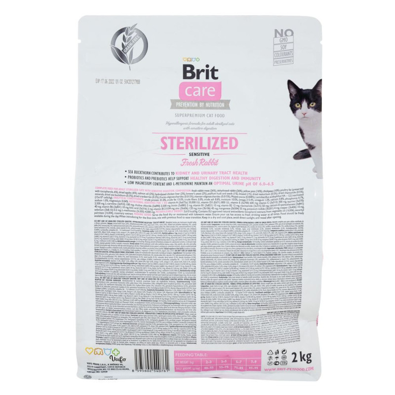 Сухой беззерновой корм Brit Care Sensitive для стерилизованных кошек - с чувствительным пищеварением, с кроликом, 2 кг.