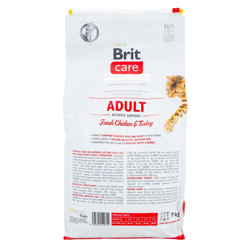 Сухой беззерновой корм Brit Care Activity Support для кошек – активных со свободным выгулом, с индейкой и курицей, 7 кг