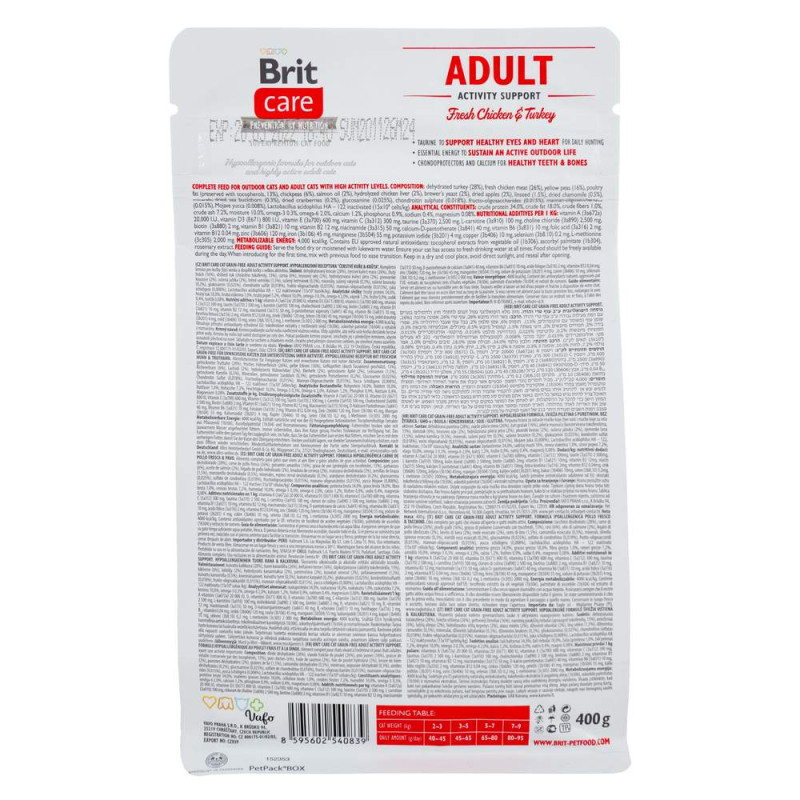 Сухой беззерновой корм Brit Care Activity Support для кошек – активных со свободным выгулом, с индейкой и курицей, 400 г