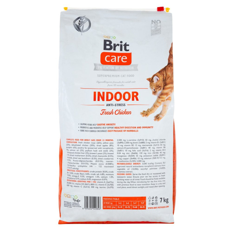 Сухой беззерновой корм Brit Care Indoor Anti-stress для кошек – домашнего проживания, с курицей, 7 кг