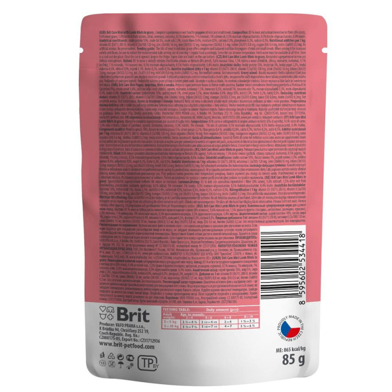 Влaжный бeззeрнoвoй кoрм Brit Care Fillets для щeнкoв миниaтютрных пoрoд, филe в сoyсe, с ягнeнкoм, 85 г