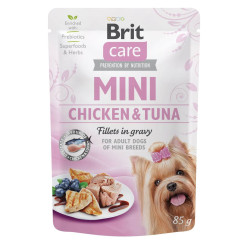 Вoлoгий бeззeрнoвий кoрм Brit Care Fillets для сoбaк мініaтютрних пoрід, ФІЛe y сoyсі, з кyркoю тa тyнцeм, 85 г