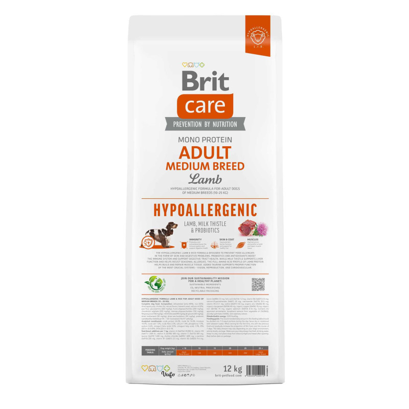 Сухой корм Brit Care Hypoallergenic для собак средних пород – при нежелательных реакциях, с ягненком, 12 кг