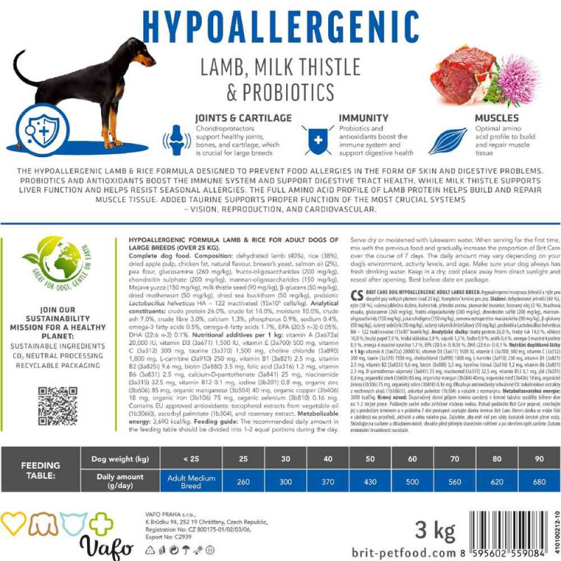 Сухой корм Brit Care Hypoallergenic для собак больших пород – при нежелательных реакциях, с ягненком, 3 кг