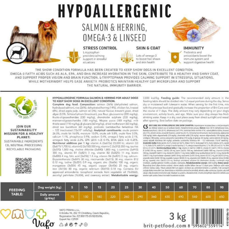 Сухой корм Brit Care Hypoallergenic для выставочных собак - при нежелательных реакциях, с лососем и селедкой, 3 кг