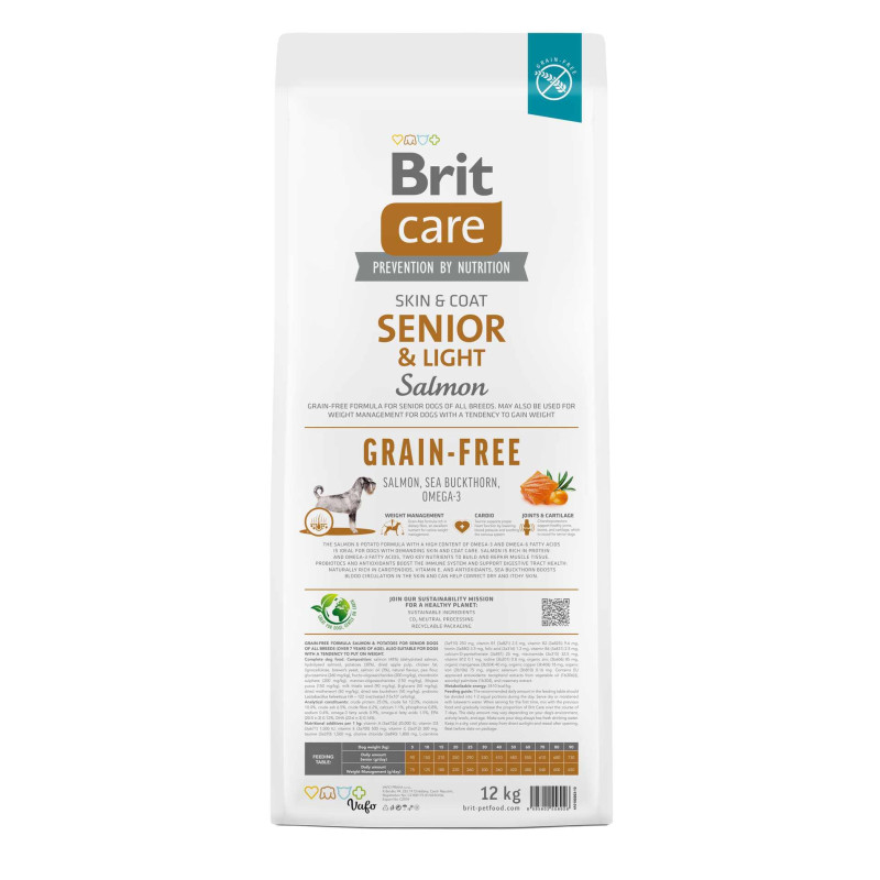 Сухой беззерновой корм Brit Care Light для собак стареющих всех пород - со склонностью к лишнему весу, с лососем, 12 кг