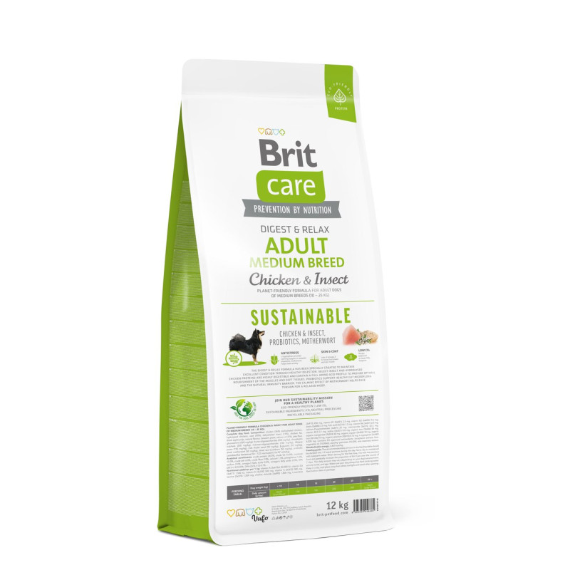 Сухой корм Brit Care Sustainable для собак средних пород, с курицей и насекомыми, 12 кг.