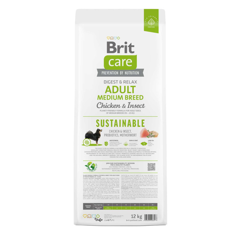 Сухой корм Brit Care Sustainable для собак средних пород, с курицей и насекомыми, 12 кг.