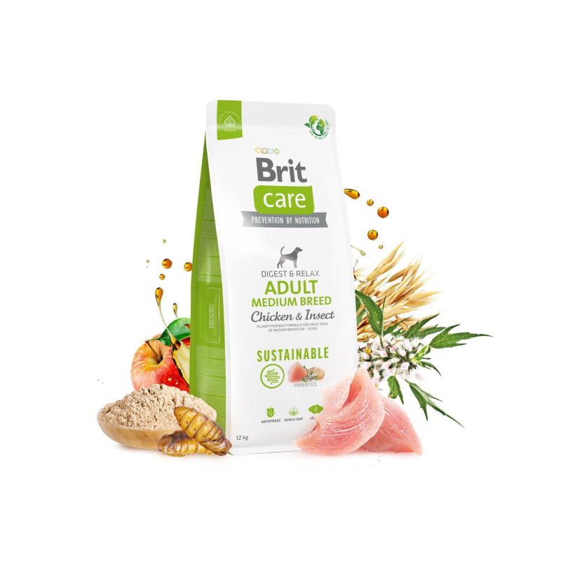 Сухой корм Brit Care Sustainable для собак средних пород, с курицей и насекомыми, 12 кг.