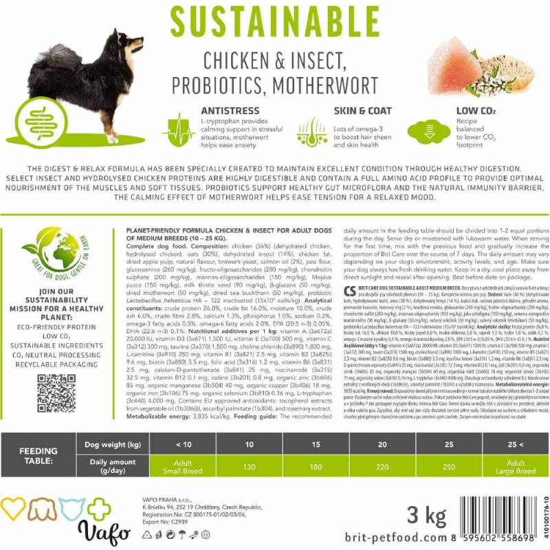 Сухой корм Brit Care Sustainable для собак средних пород, с курицей и насекомыми, 12 кг.