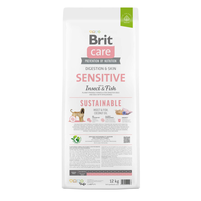 Сухой корм Brit Care Sustainable Sensitive для собак всех пород – с чувствительным пищеварением, с рыбой и насекомыми, 12 кг.