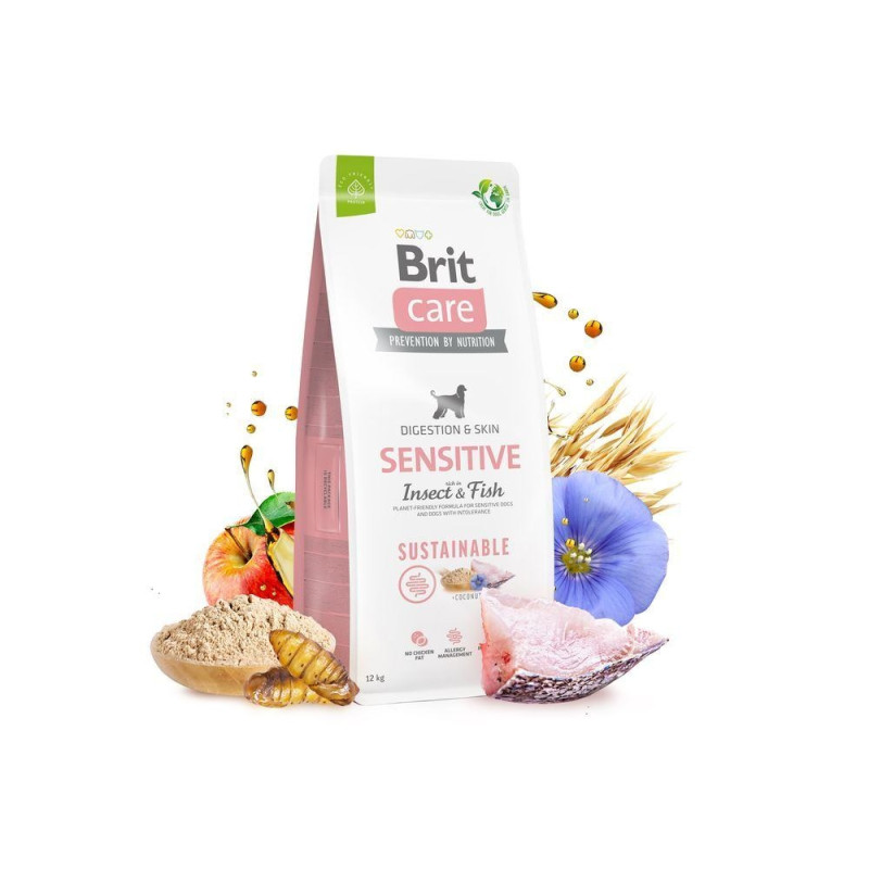 Сухой корм Brit Care Sustainable Sensitive для собак всех пород – с чувствительным пищеварением, с рыбой и насекомыми, 12 кг.