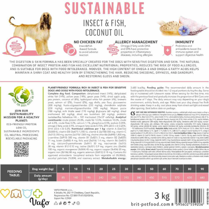 Сухой корм Brit Care Sustainable Sensitive для собак всех пород – с чувствительным пищеварением, с рыбой и насекомыми, 12 кг.