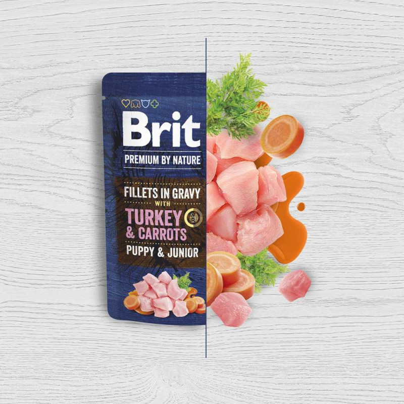 Влажный корм Brit Premium Fillets для щенков малых пород, филе в соусе, с индейкой и морковью, 85 г