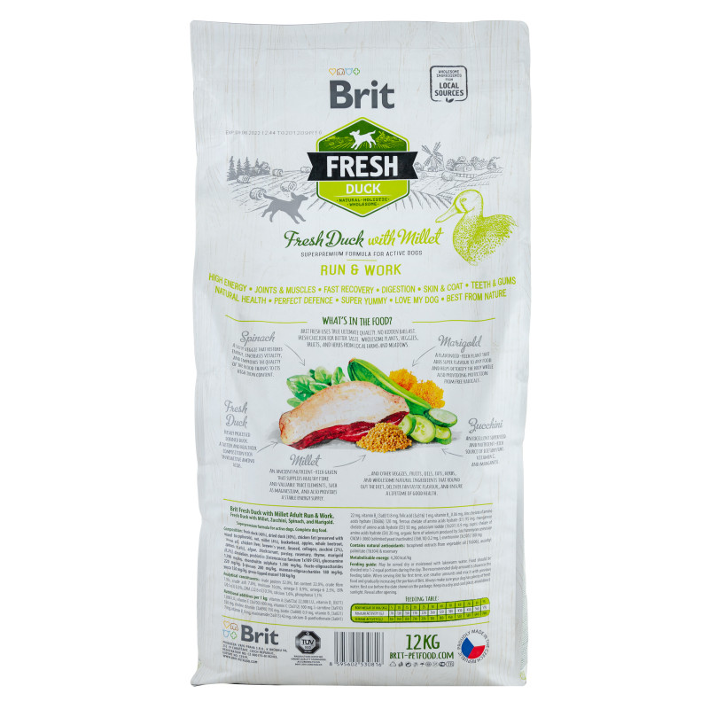 Сухой корм Brit Fresh Run and Work для собак всех пород - активных, с уткой и пшеном, 12 кг