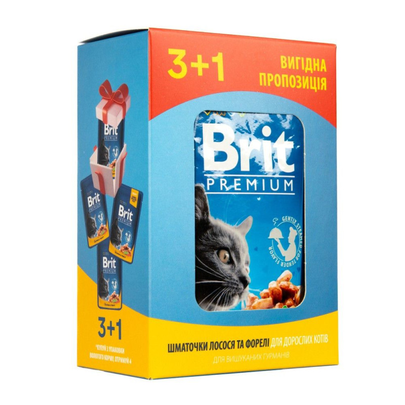 Набір паучів "3+1" для котів Brit Premium Cat pouch з лососем і фореллю,  4 х 100г