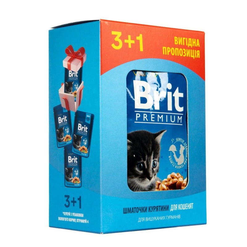 Набір паучів "3+1" для кошенят Brit Premium Cat pouch Chicken Chunks for Kitten з куркою, 4х100г