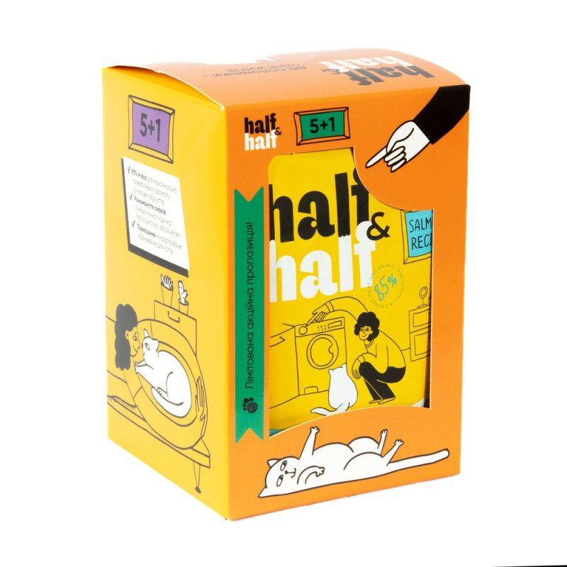 Набір вологих кормів Half&Half "5+1" для дорослих котів, шматочки з лососем у желе, паучі, 6 шт*100 г