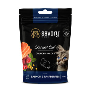 Лакомство хрустящие Savory для здоровья кожи и шерсти, лосось и малина котам, 50 г