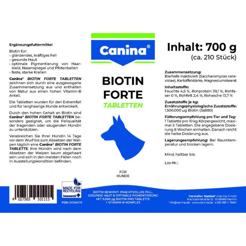 Вітаміни Canina Biotin Forte Tabletten для собак, інтенсивний курс для шерсті, 700 г (210 табл)