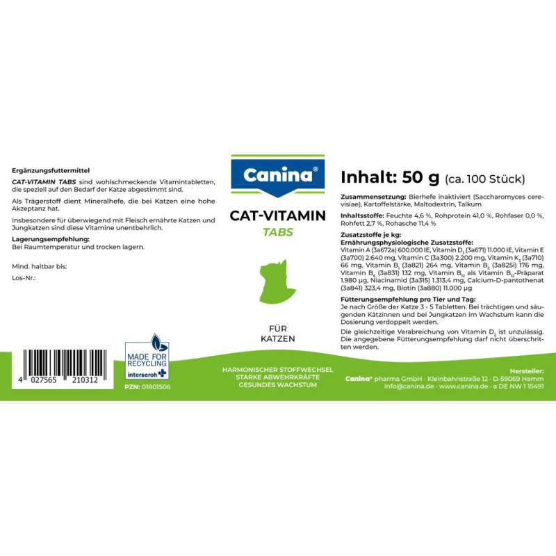 Вітаміни Canina Cat-Vitamin Tabs для котів, вітамінний комплекс, 50 г (100 табл)