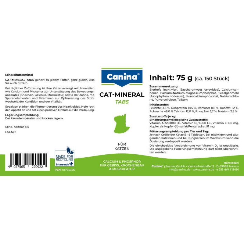 Вітаміни Canina Cat-Mineral Tabs для котів, полівітамінний комплекс, 75 г (150 табл)