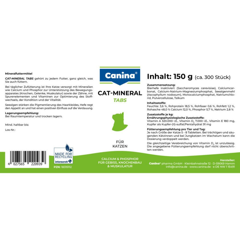 Вітаміни Canina Cat-Mineral Tabs для котів, полівітамінний комплекс, 150 г (300 табл)