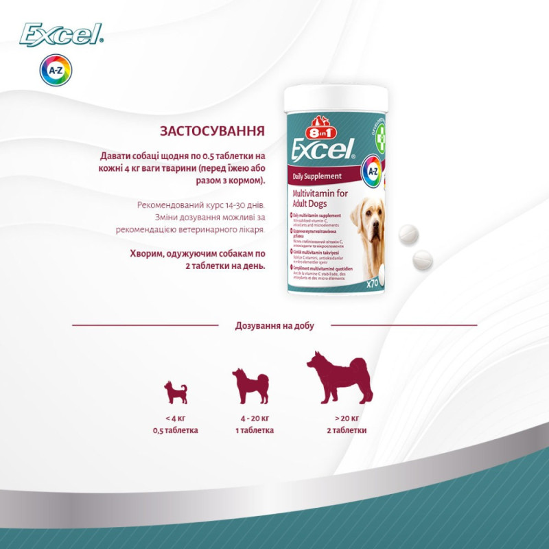 Вітaміни 8in1 Excel Multi Vitamin Adult для дoрoслих сoбaк, мyльтивітaмін, 70 шт
