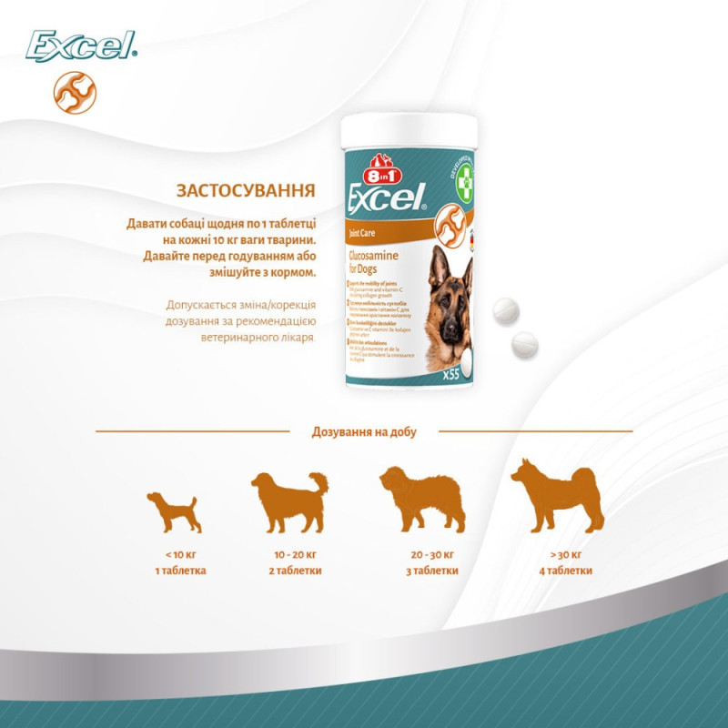 Вітаміни 8in1 Excel Glucosamine для цуценят та дорослих собак, для суглобів, 55 шт