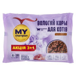 Вологий корм MY champion пауч шматочки з куркою та телятиною для котів, пауч, 4х100г
