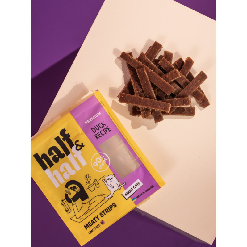 Ласощі для котів Half&Half у формі м'ясних смужечок з качкою, 50 г