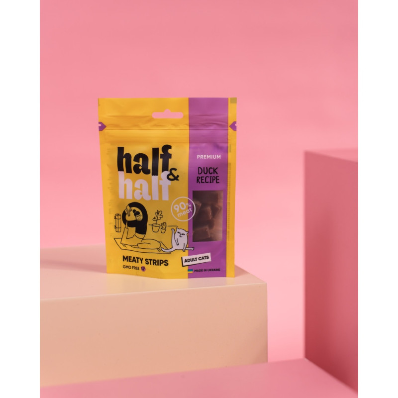 Ласощі для котів Half&Half у формі м'ясних смужечок з качкою, 50 г