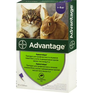 Капли на холке Advantage от блох и клещей для взрослых кошек весом более 4 кг, 1 шт