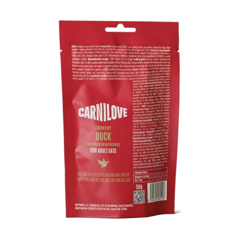 Лакомства Carnilove Crunchy Snack Duck with Raspberries для кошек хрустящие утка и малина 50 г