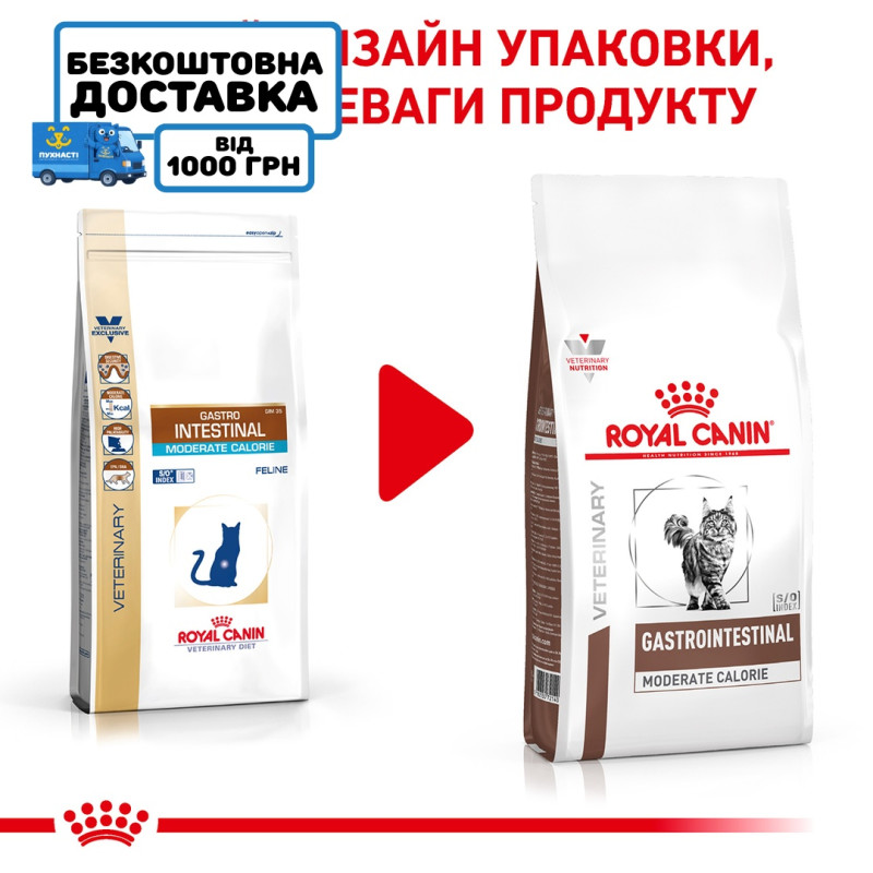 Сухой корм для котов ROYAL CANIN GASTROINTESTINAL MODERATE CALORIE  для поддержания ЖКТ с умеренной калорийностью, 400 г
