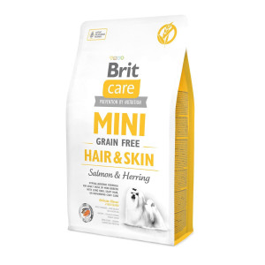 Сухой беззерновой корм Brit Care Hair & Skin для собак миниатютрных пород - поддержка здоровья шерсти и кожи, с лососем и селедкой, 2 кг