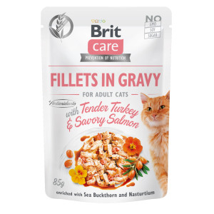 Влажный беззерновой корм Brit Care Fillets для кошек, ФИЛЕ в соусе, с нежной индейкой и пикантным лососем, 85 г