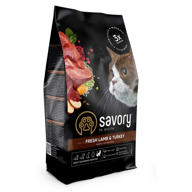 Сухой корм Savory Adult Cat Sensitive Digestion для кошек с чувствительным пищеварением, свежее мясо ягненка и индейки