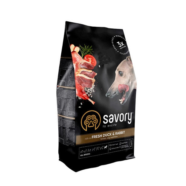 Сухий корм Savory Adult All Breeds rich in Fresh Duck and Rabbit для дорослих собак всіх порід, зі свіжим м'ясом качки та кролика