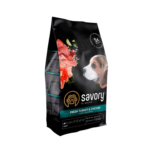 Сухой корм Savory Puppy для щенков всех пород, со свежим мясом индейки и курицы