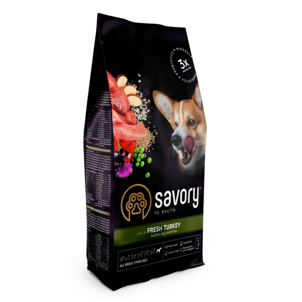 Сухой корм Savory All Breed Sterilised Rich in Fresh Turkey для стерилизованных собак, со свежим мясом индейки