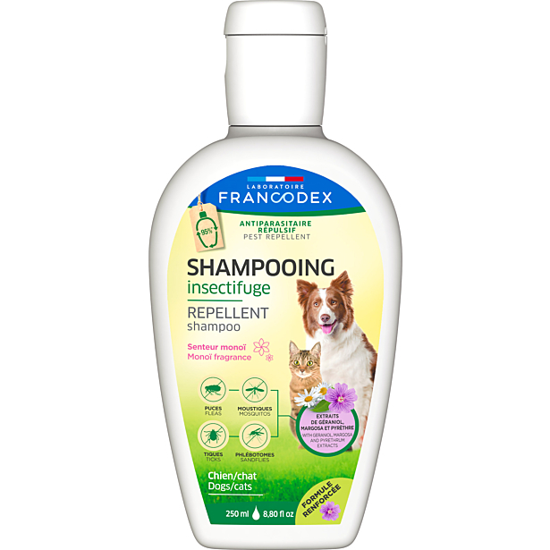 Шампунь-репелент Laboratorie Francodex Repellent Shampoo Monoi Fragrance від бліх і кліщів для котів і собак з гераніолом, аромат моної