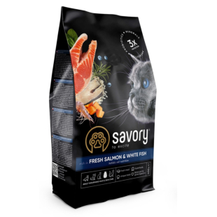 Сухой беззерновой корм Savory Adult Cat Gourmand для длинношерстных кошек, со свежим лососем и белой рыбой