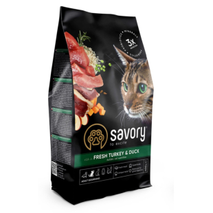 Сухой беззерновой корм Savory Adult Cat Gourmand для привередливых кошек, свежее мясо индейки и утки